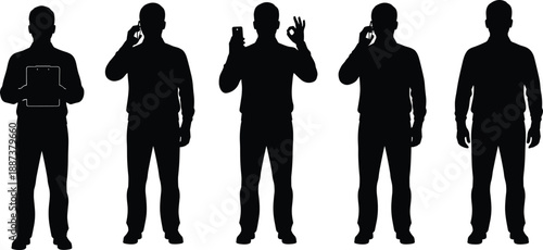 Black silhouette set of male businessman figures standing with clipboard using smartphone and making okay gesture on white background vector