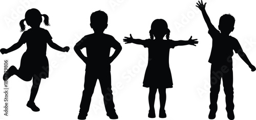 Black Silhouettes of Playful Children Jumping and Posing Together for Childhood Education Youth Development and Happy Kid Celebration Vector Illustration