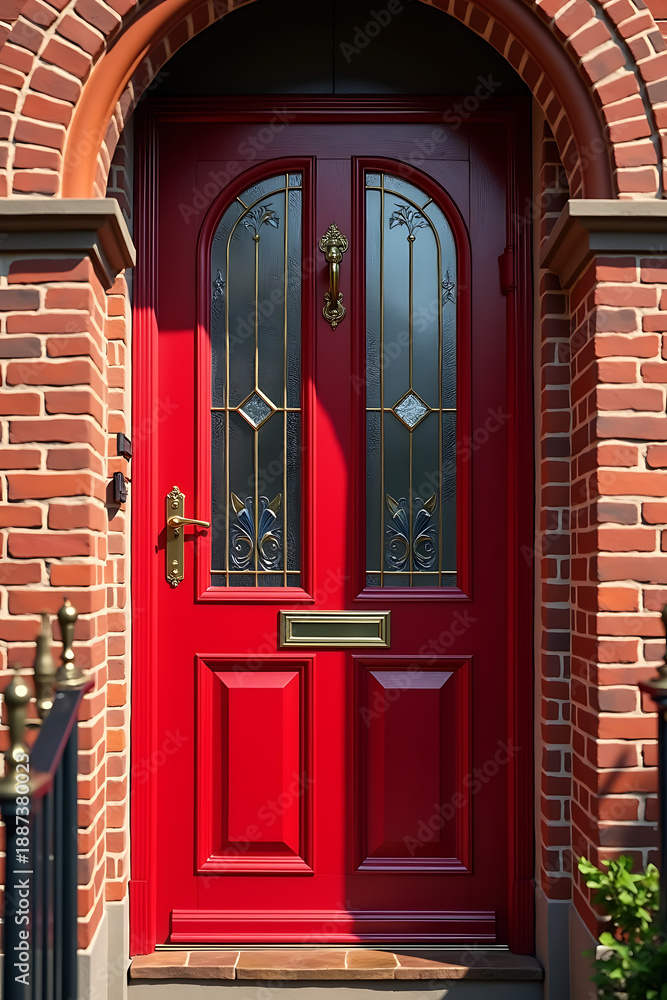 Fototapeta premium Red Front Door and Brick Exterior