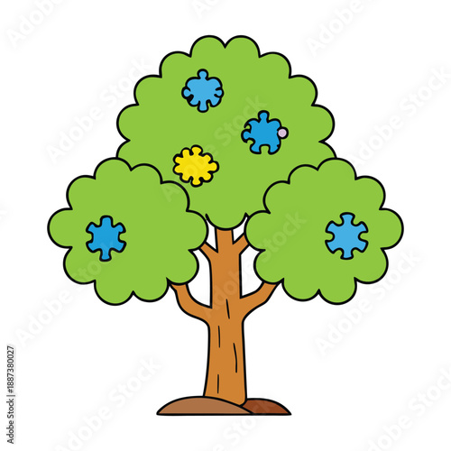 A whimsical tree with twisting branches, its trunk and leaves hiding colorful puzzles and riddles, inviting curious minds to explore and solve each mystery.
