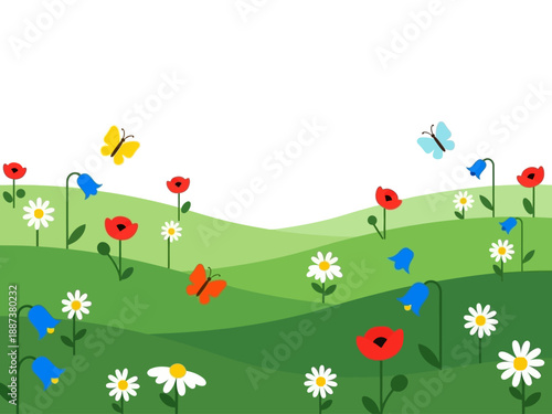 Stylized green hills with colorful wildflowers and butterflies against a white sky
