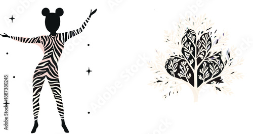 Abstract Surreal Illustration with Zebra Pattern Human Silhouette and Decorative Tree Symbol in Modern Artistic Concept Vector Style