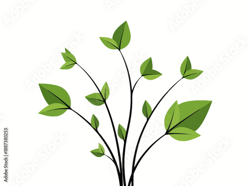 Stylized illustration of bright green leaves growing from dark thin stems against a white background