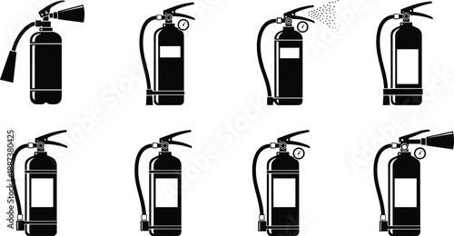 Fire Extinguisher Icon Set with Various Models Equipment for Emergency Safety Protection Industrial Security Firefighting Tools and Rescue Prevention Vector