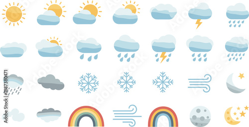 Colorful flat forecast symbols collection with rainbow lightning snowfall breeze celestial elements for digital interface design