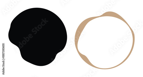 Abstract black blob and brown coffee ring stain isolated on white backdrop, Coffee stains, artistic blot