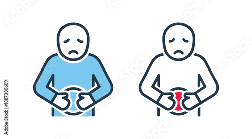 Abdominal Pain Illustration with Sad Face and Hand Pressing Abdomen in two different styles
