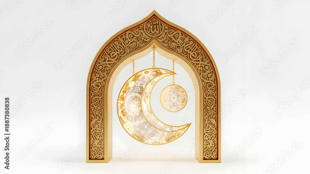 Obraz premium Intricate islamic moon and calligraphy decoration isolated on transparent background