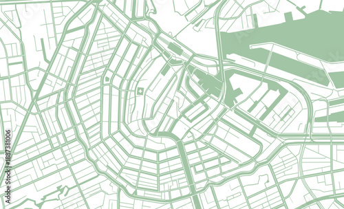 Amsterdam Netherlands map illustration showing roads, rivers, streets in a minimal, light green and white design.