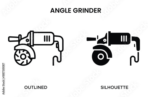Angle grinder outlined and silhouette illustration, electrical tool, vector design, construction machine, isolated tool