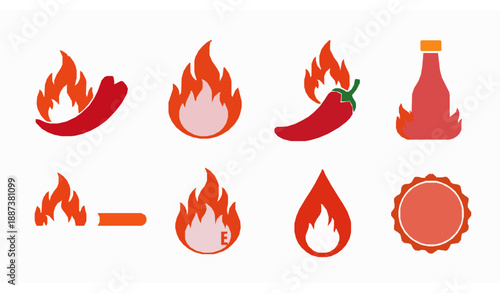 Spicy food and hot taste gradient flame icons vector set EPS10