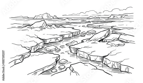 Arctic ice floes with iceberg landscape in vector illustration drawing style