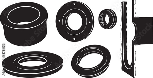 Black and white illustration of various metal washer components