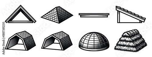 Architectural roof shapes drawing different styles and structures detailed vector illustration