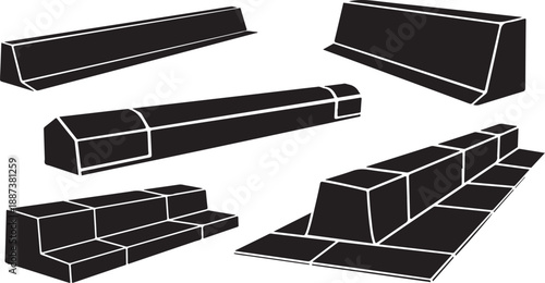 Black and white illustration of various concrete skate park elements