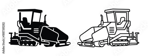 Asphalt paver machines illustration, construction equipment black and white outline drawing, road construction vehicles