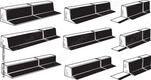 Various views of a black and white rectangular object