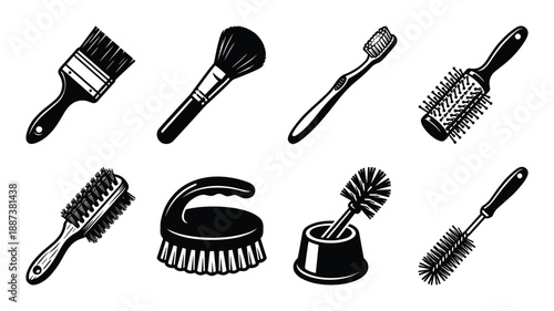 Assorted Brushes Black and White Vector Illustration. Painting, Makeup, Toothbrush, Hair, Cleaning, and Toilet Brushes