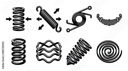 Assorted spring vector collection, including compression, extension, torsion, leaf springs for mechanical engineering concepts