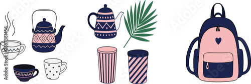 Cozy lifestyle illustration set with tea cups, kettle, reusable coffee mugs, tropical leaf, and backpack vector icons