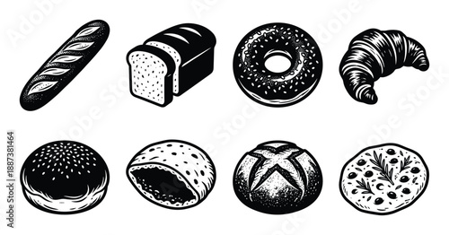 Assortment of baked goods vector illustration, including bread, bagel, croissant and various buns