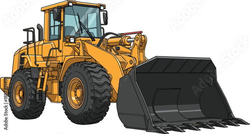 Industrial Wheel Loader Vector Illustration Isolated on White Background Heavy Construction Machinery Front Loader for Building Site Infrastructure Projects Design