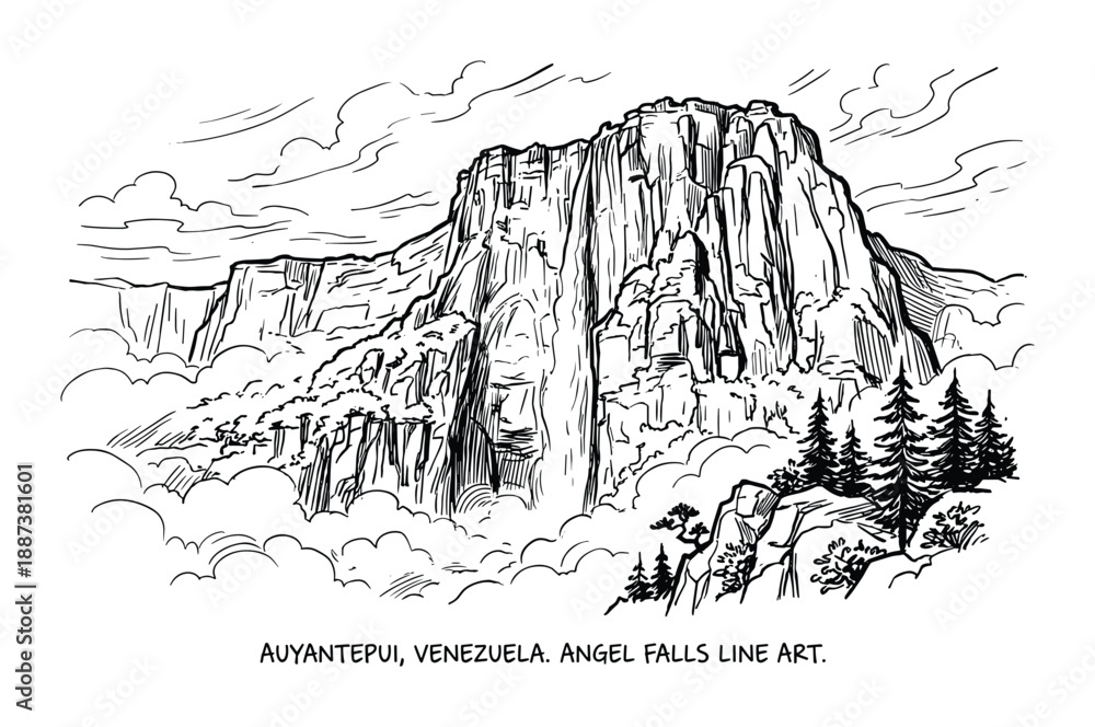 Naklejka premium Auyantepuy Venezuela Angel Falls Line Art, mountain range, landscape, cliffs, trees, clouds, nature scene