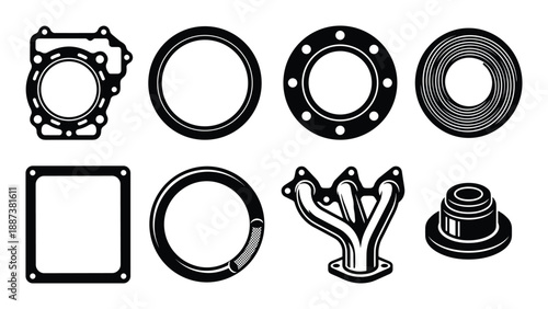 Automotive gaskets and exhaust manifold vector set illustration