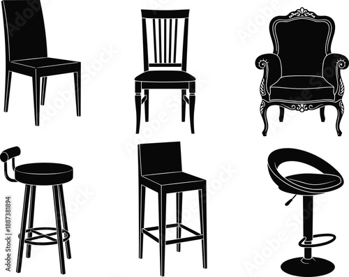 Set of black chair and bar stool silhouettes vector icons for interior furniture design collection.