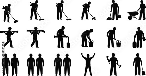 Set of construction and industrial worker silhouettes performing various tasks like sweeping, carrying pipes, using buckets, wheelbarrows, and manual labor.