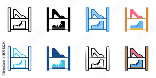 Shoe rack icons set multiple style collection. Editable stroke 
