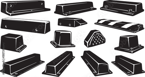 Various roadblocks and barriers in black and white illustration