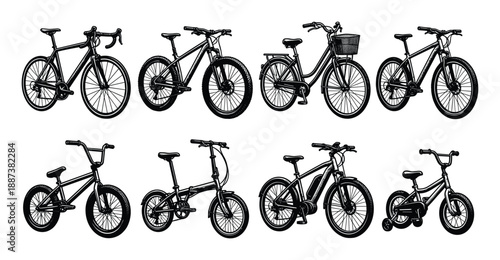 Bicycle types silhouette set includes road bike, mountain, city, kids, BMX, folding and electric bikes.