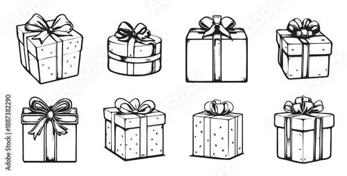 art line drawing of different gift boxes with ribbon bow
