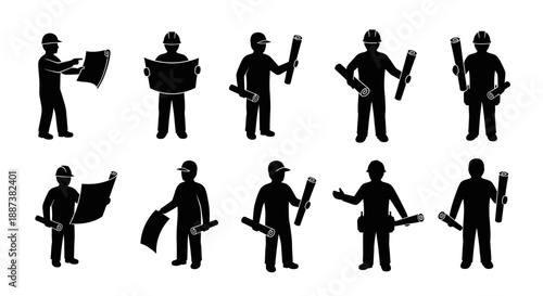 Architect and Engineer Silhouettes Icon Set. Construction Workers Holding Blueprints, Plans, and Schematics. Industrial Pictograms.