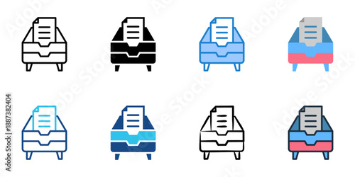 Filing cabinet icons set multiple style collection. Editable stroke 
