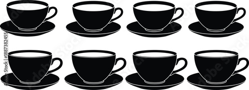 Set of eight black silhouette tea and coffee cup icons vector illustration isolated on white background for cafe menu.