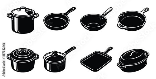 Black and white cookware set illustration with pots, pans, skillets, and casserole dishes vector graphics