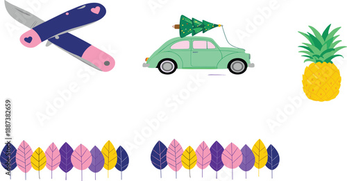 Cute Flat Vector Elements Set with Pocket Knife, Car Carrying Tree, Pineapple and Colorful Decorative Leaves Illustration