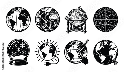 Black and white globe collection, different earth representations with snow globe, constellation, and plug icons