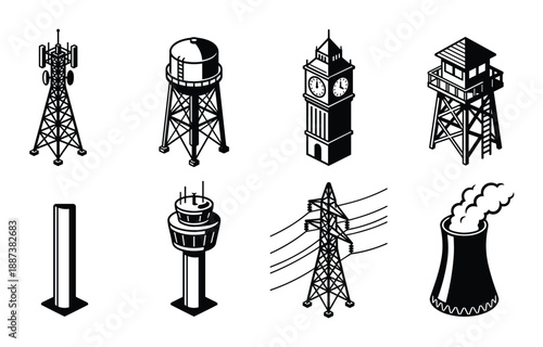 Black and white isometric vector illustration of cell tower, water tower, Big Ben, watchtower, airport tower