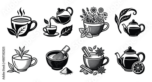 Black and white tea time elements vector illustration, teapots, cups, herbs, and spices.
