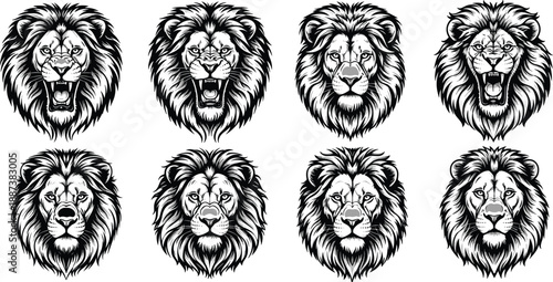Set of eight stylized black and white lion head vector illustrations featuring various roaring and calm expressions for mascot logo design
