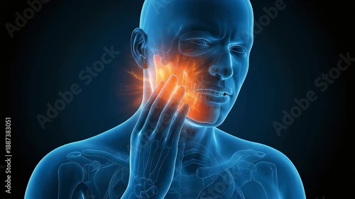 Medical 3D illustration animation visualizing jaw pain and inflammation of the temporomandibular joint (TMJ)