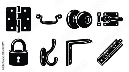 Black hardware collection: Hinge, handle, doorknob, latch, padlock, hook, bracket, slide bolt icons