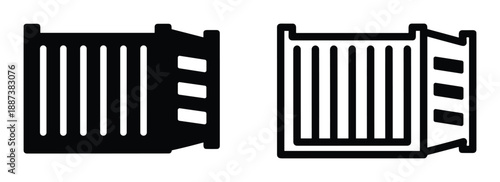 Black container icons, cargo shipping containers with open door vector illustrations.