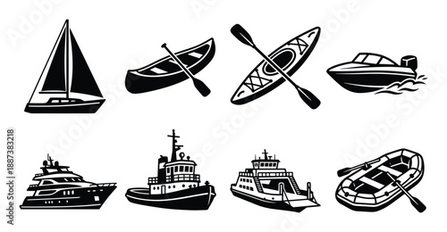Black silhouette boats set vector graphic illustration with sailboat, canoe, kayak, speedboat, yacht, tugboat, ferryboat, and raft