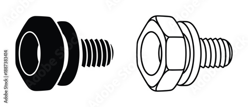 Bolt and nut hardware vector illustration, fastener components, fastener detailed diagram, and machine elements