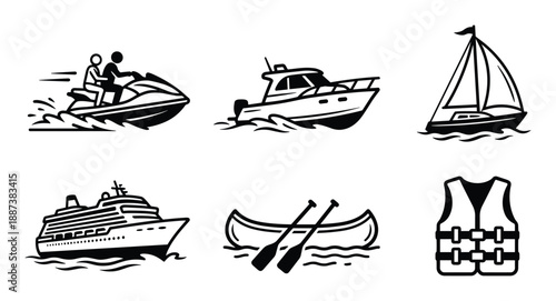 Boating watercraft illustrations jet ski, yacht, boat, cruise, canoe and life jacket icon set vector design, black and white.