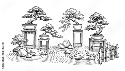Bonsai trees collection in Japanese garden vector illustration. Miniature trees, raked gravel, rocks, and bamboo fence design.